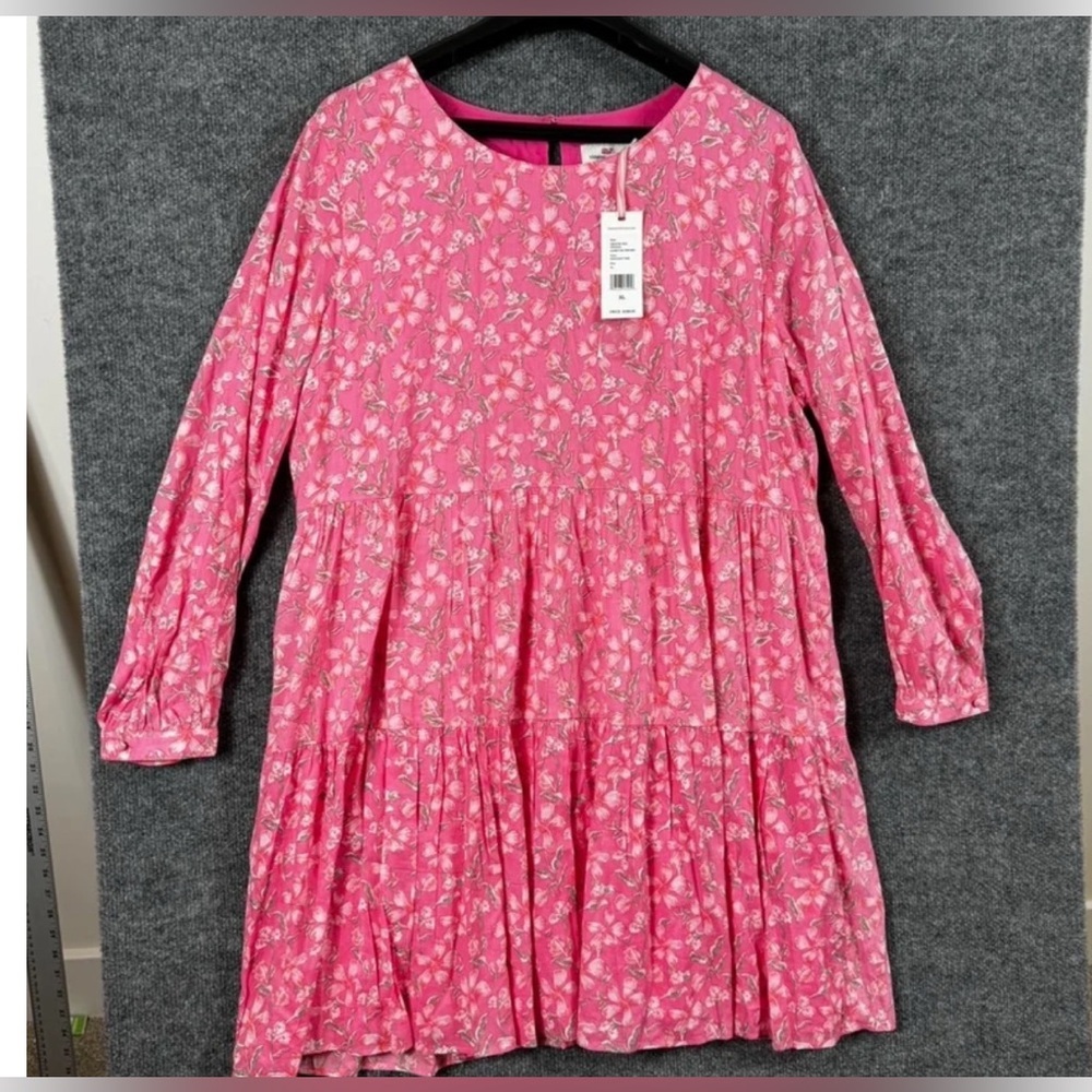 Vineyard Vines Pink Floral Oleander Tiered Long Sleeve Dress - Size XL, NWT
